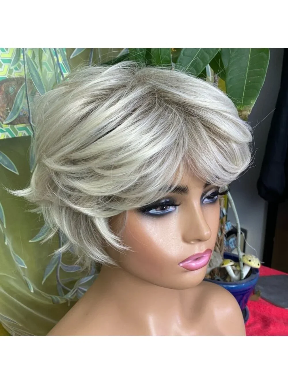ash platinum blonde rooted shaggy pixie bob wig